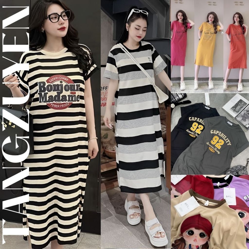 ( Nhiều họa tiết ) Váy thun dáng dài cộc tay form rộng Đầm bầu dài không cổ mặc nhà đi chơi bigsize cute T180G