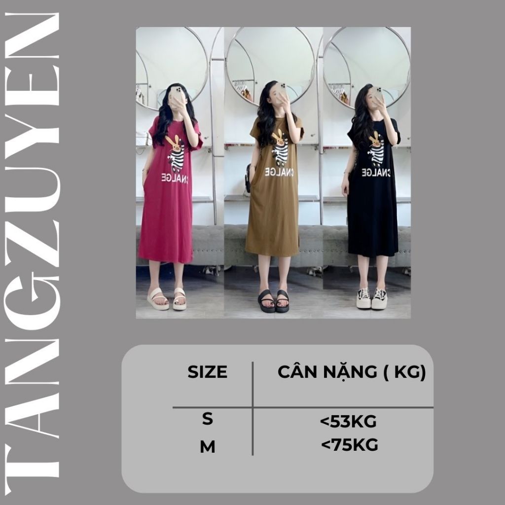 ( Nhiều họa tiết ) Váy thun dáng dài cộc tay form rộng Đầm bầu dài không cổ mặc nhà đi chơi bigsize cute T180G