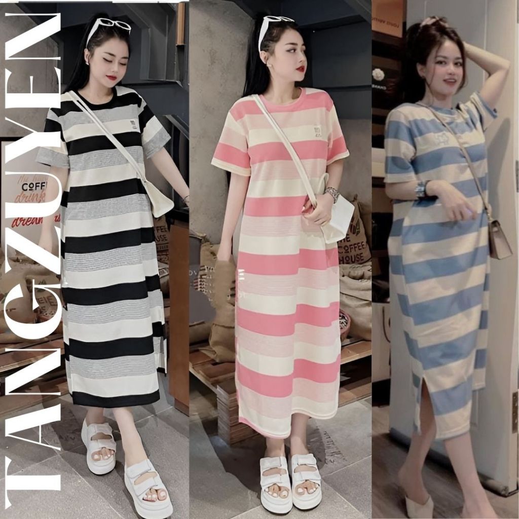 ( Nhiều họa tiết ) Váy thun dáng dài cộc tay form rộng Đầm bầu dài không cổ mặc nhà đi chơi bigsize cute T180G