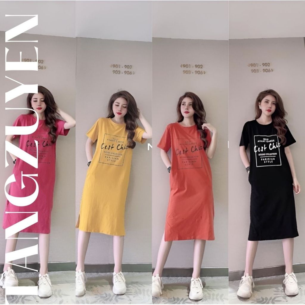 ( Nhiều họa tiết ) Váy thun dáng dài cộc tay form rộng Đầm bầu dài không cổ mặc nhà đi chơi bigsize cute T180G