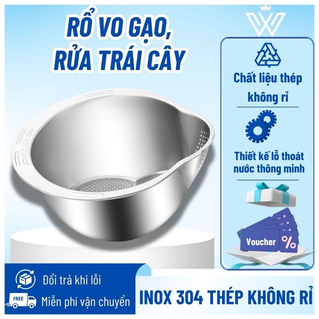 Rổ vo gạo inox 304 thép không gỉ an toàn, rổ rửa rau hoa quả có lỗ ...