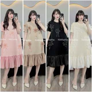 VÁY BẦU CỘC TAY MÌ CỔ TRÒN HOA NỔI PHA CHÂN VÁY VOAN - 4 Màu