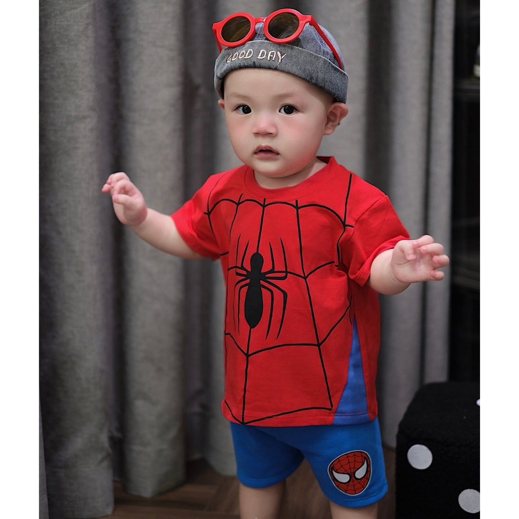 [Gumiho Kids]Set Đồ Bé Trai Spider-Man In Nổi Cực Ngầu–Áo Thun Đỏ+Quần Short Xanh , Cotton 8–23kg