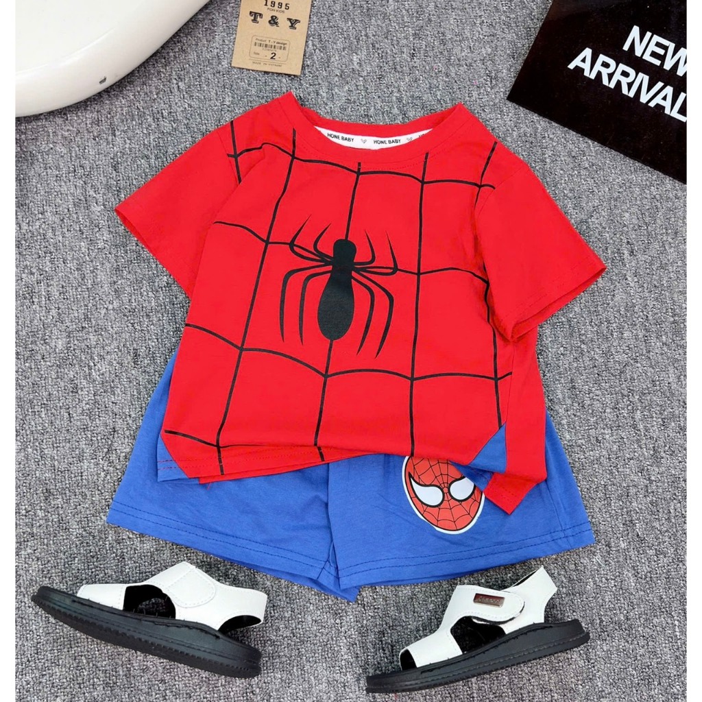 [Gumiho Kids]Set Đồ Bé Trai Spider-Man In Nổi Cực Ngầu–Áo Thun Đỏ+Quần Short Xanh , Cotton 8–23kg