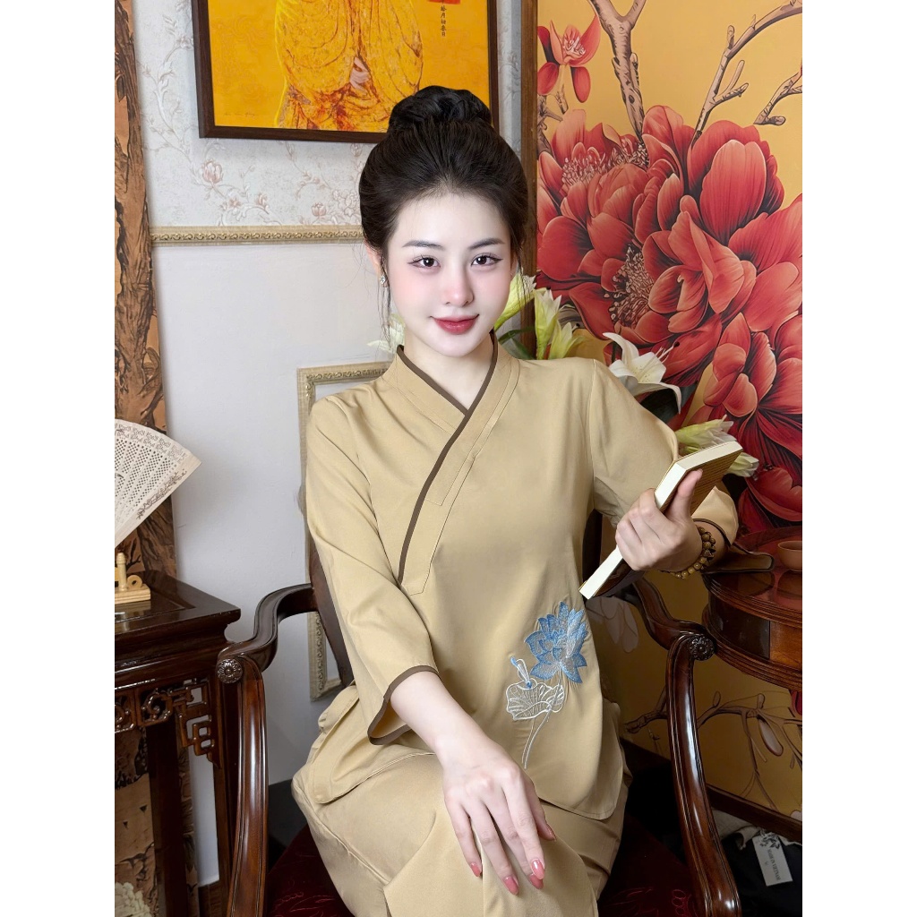 Sét Lụa Nhuyễn Trơn Cổ Tày Thêu Hoa Sen Vạt Áo, Pháp Phục Đi Chùa Giản ...