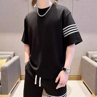 Quần áo thể thao nam phối kẻ ngang, Bộ hè nam thể thao chất liệu cotton co dãn 4 chiều