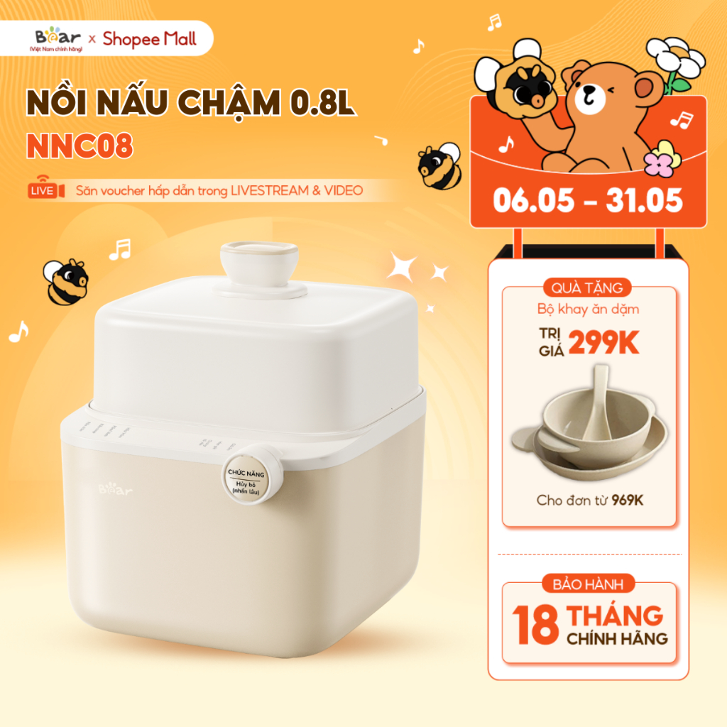 Ảnh Nồi Nấu Cháo Chậm BEAR 0.8L 7 Chế Độ Nồi Nấu Chưng Yến Hầm Hấp Ninh Cháo Cách Thủy Giữ Trọn Chất Dinh Dưỡng NNC08 1