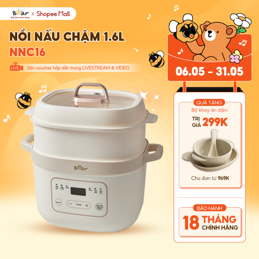 Ảnh Nồi Nấu Cháo Chậm BEAR 1.6L 6 Chế Độ Ninh Nấu Hầm Chưng Yến Hấp Cách Thuỷ Tiện Lợi Giữ Chất Dinh Dưỡng SB-NNC16 1