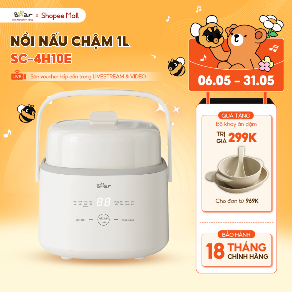 Ảnh Nồi Nấu Cháo Chậm BEAR 1L Có Xửng Hấp 8 Chế Độ Nấu Hầm Nồi Chưng Yến Nồi Nấu Chậm Cho Bé Giữ Trọn Dinh Dưỡng SC-4H10E 1