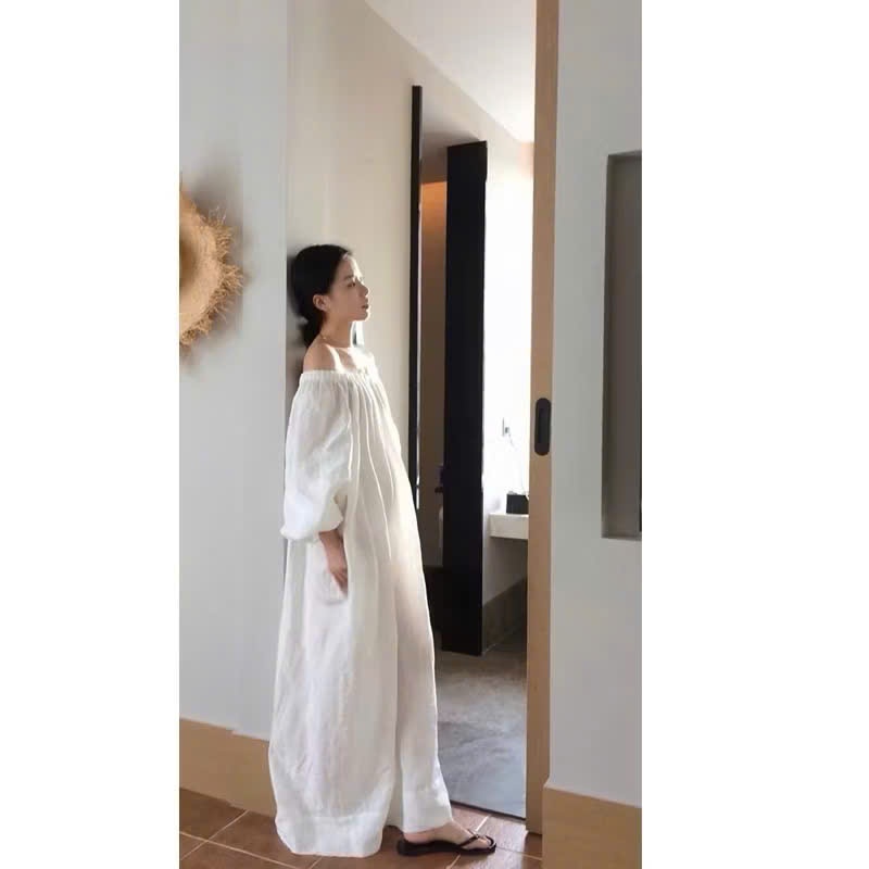 𝗔𝗻𝗻𝗮 𝗗𝗿𝗲𝘀𝘀- Đầm linen Tưng vân gỗ trễ vai dáng dài BEELY