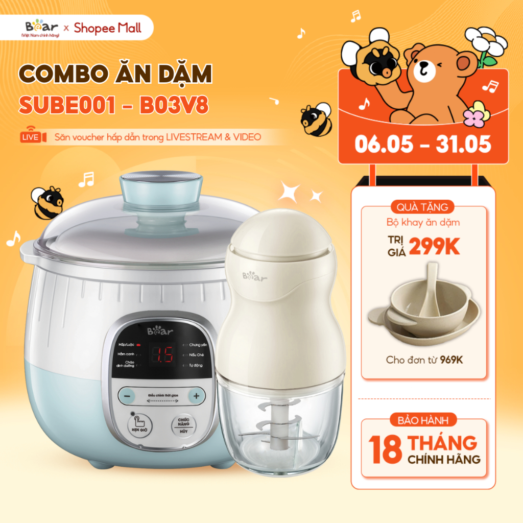 Ảnh Combo Ăn Dặm Nồi Nấu Cháo Chậm 0.8L BEAR SUBE001 và Máy Xay Ăn Dặm 0.3L 8 Lưỡi B03V8 Nồi Nấu Cháo Chậm Máy Xay Thực Phẩm 1