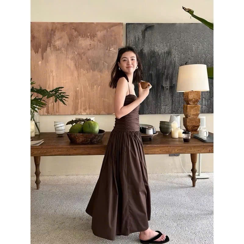 𝗟𝗶𝗹𝘆 𝗗𝗿𝗲𝘀𝘀 - Đầm linen thô 2s nhún ngực dài BEELY