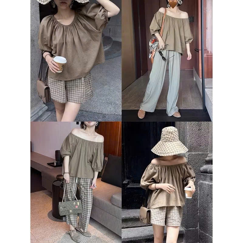 𝗖𝗵𝗶𝗹𝗶 𝗟𝗶𝗻𝗲𝗻  A01 - Áo linen trễ vai tay lửng phồng