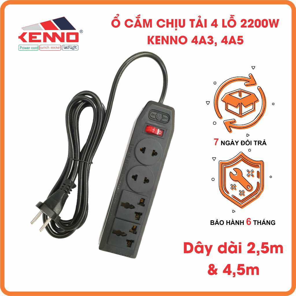 Combo 2 thùng Ổ Cắm Điện Đa Năng Chịu Tải 1200W Kenno 4 Lỗ Cắm Có Công Tắc, Chuyên dùng nồi cơm, siêu tốc...
