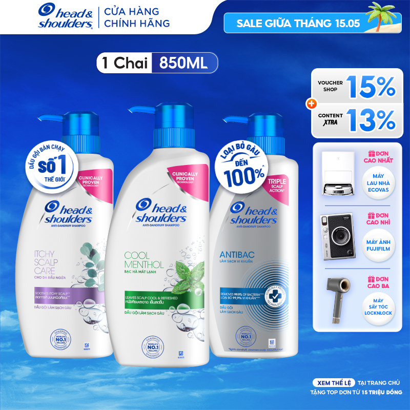 Ảnh Dầu Gội Sạch Gàu HEAD & SHOULDERS Bạc Hà/ Giảm Ngứa Da Đầu/ Hương Chanh/ Sạch Sâu/ Làm Sạch Vi Khuẩn Chai 850ML 1