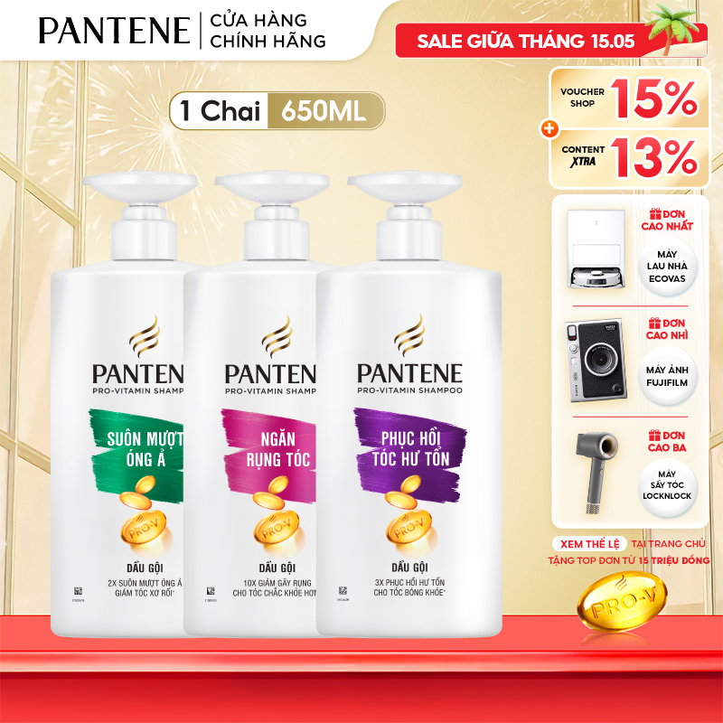 Ảnh Dầu Gội PANTENE Pro-V Ngăn Rụng Tóc/ Phục Hồi Hư Tổn/ Suôn Mượt Óng Ả/ Giảm Gàu/ Dưỡng Ẩm - Chai 650ML 1