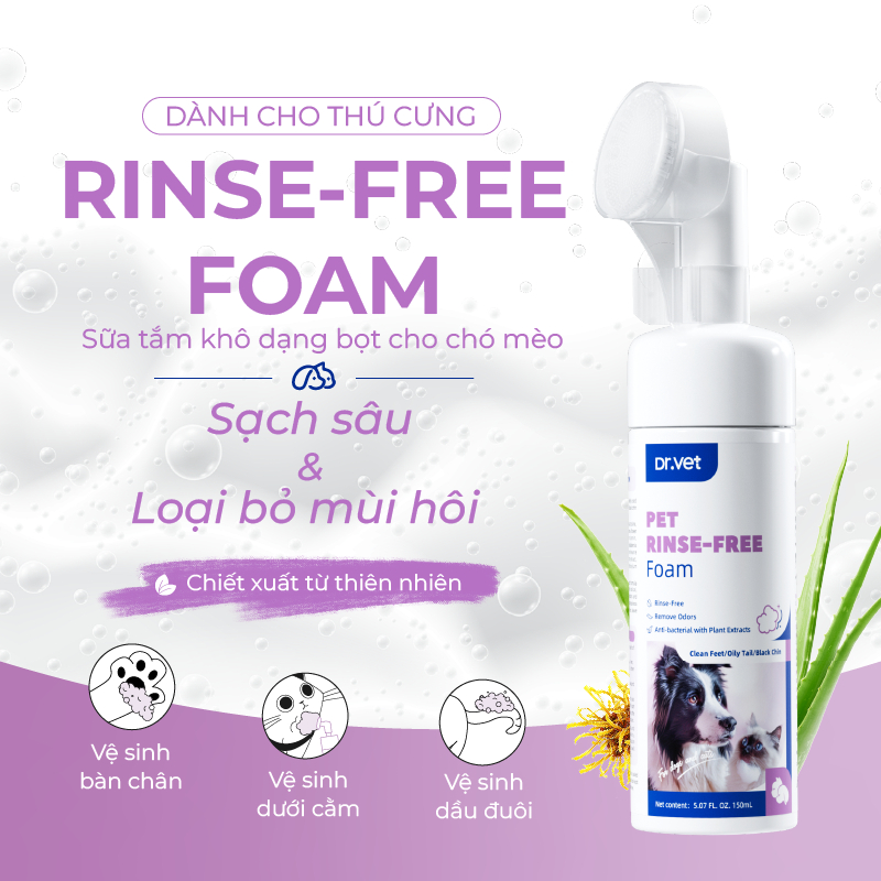 Bọt Tắm Khô Cho Chó Mèo DrVET Làm Sạch Không Cần Tắm - Pet Rinse-Free Foam