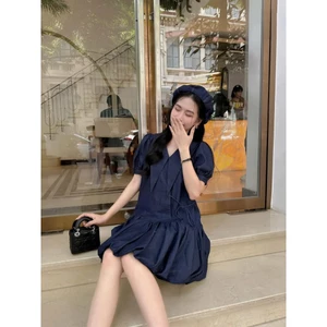 Váy nữ jean bó dáng xuông quả bí tay ngắn, váy cổ V tay bồng dành cho nữ by Charmie - M4799
