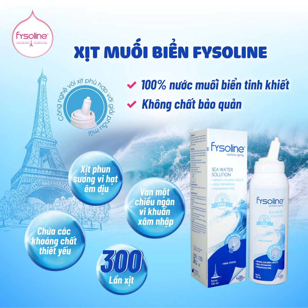 Xịt muối nước muối sinh lý Pháp Fysoline xanh 100ml, xịt vệ sinh và cân bằng sinh lý niêm mạc mũi