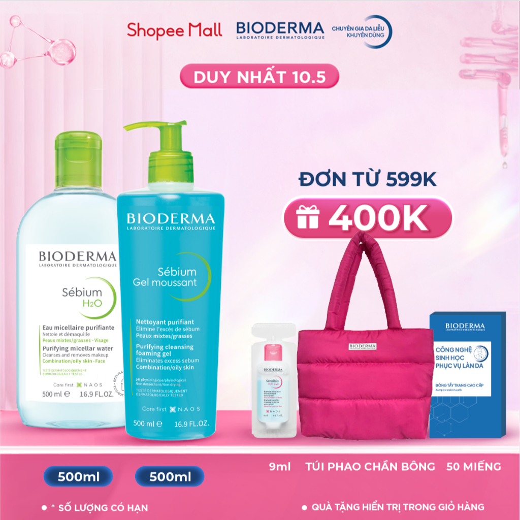 Ảnh Bộ nước tẩy trang và làm sạch cho da dầu mụn Bioderma Sebium H2O 500ml và Gel rửa mặt 500ml 1
