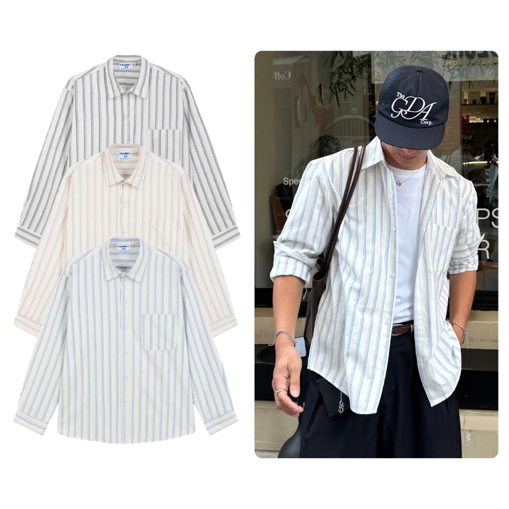 Áo Sơ Mi Nam Form Rộng Vải Oxford Cao Cấp Phối Sọc Thời Trang Halley A18