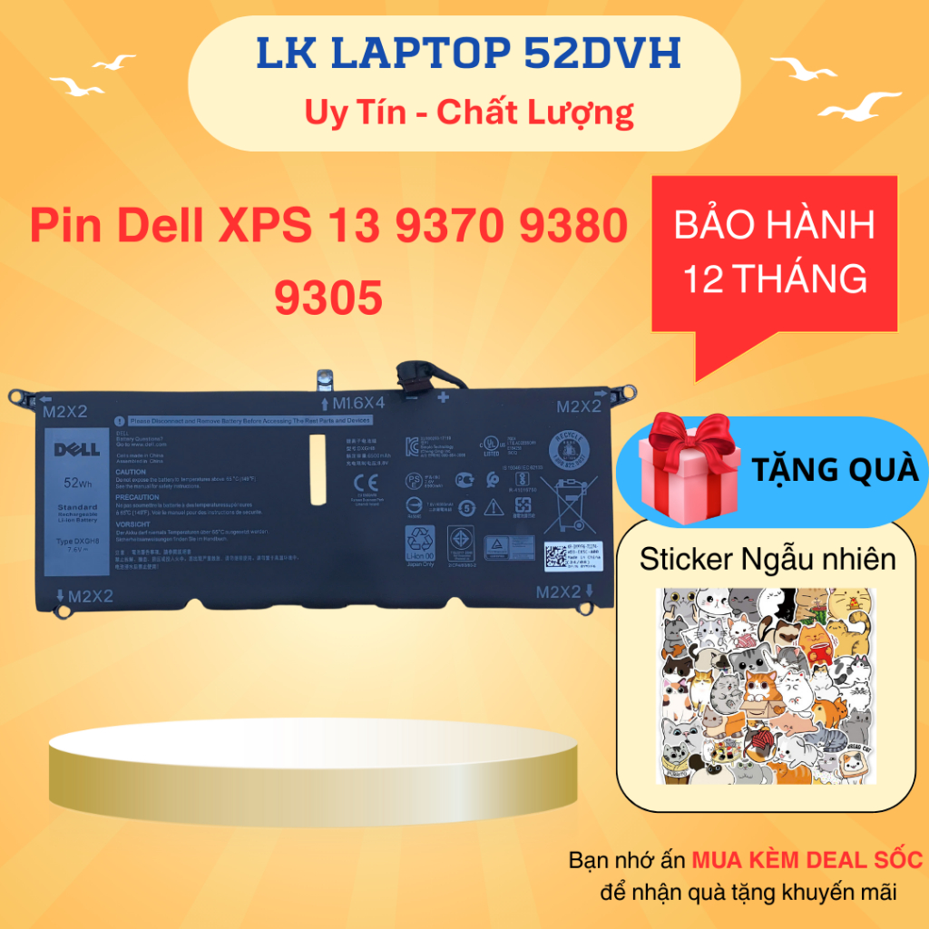 Pin Dell XPS 13 9370 DXGH8 52WH ZIN 4 CELL cho Dell XPS 13 9370 9380, XPS 13 9305, H754V 0H754V DXGH8