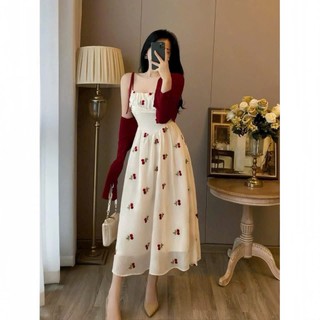 Đầm maxi thời trang nữ chất voan 2 dây kèm khoác gân tay dài họa tiết in hoa váy xòe dáng dài xinh xắn