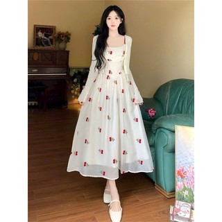 Đầm maxi thời trang nữ chất voan 2 dây kèm khoác gân tay dài họa tiết in hoa váy xòe dáng dài xinh xắn