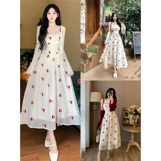 Đầm maxi thời trang nữ chất voan 2 dây kèm khoác gân tay dài họa tiết in hoa váy xòe dáng dài xinh xắn