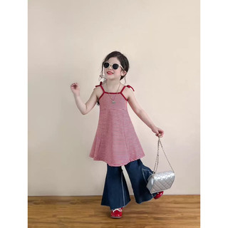 order quảng châu-áo caro đỏ 2 dây form dài, quần loe ống loe rộng cho bé