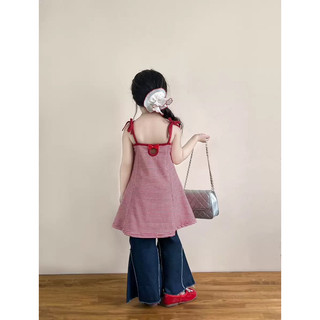 order quảng châu-áo caro đỏ 2 dây form dài, quần loe ống loe rộng cho bé