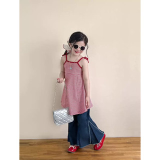 order quảng châu-áo caro đỏ 2 dây form dài, quần loe ống loe rộng cho bé
