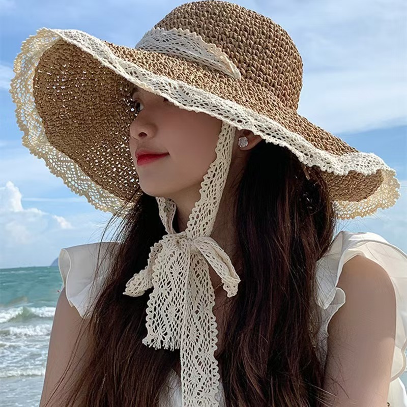 Mũ Cói Nữ Buộc Nơ Vintage Phối Ren – Nón Đi Biển Form Rộng Che Nắng Phong Cách Hàn Quốc