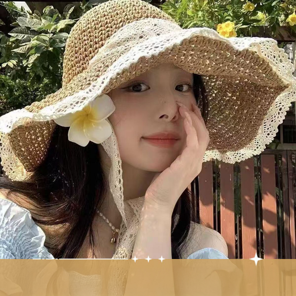 Mũ Cói Nữ Buộc Nơ Vintage Phối Ren – Nón Đi Biển Form Rộng Che Nắng Phong Cách Hàn Quốc