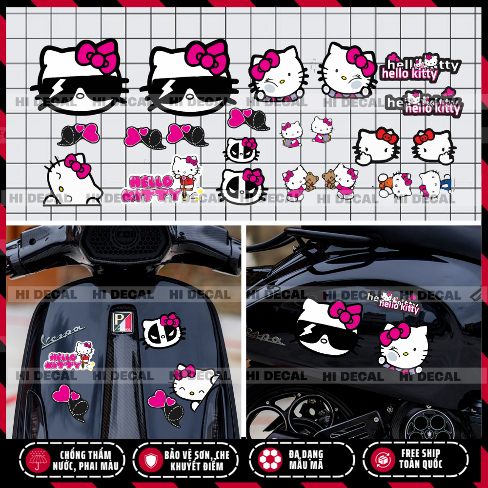 Tem Mèo Hello Kitty dán xe, decal trang trí đèn xe bền màu, chống nước bền màu