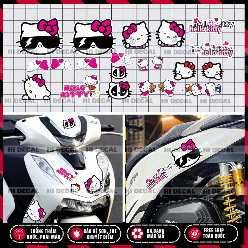 Tem Mèo Hello Kitty dán xe, decal trang trí đèn xe bền màu, chống nước bền màu