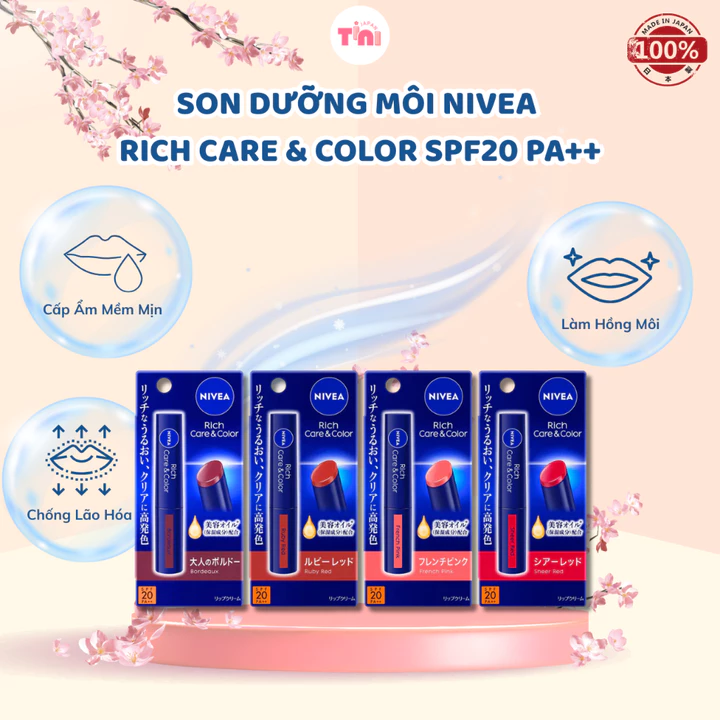 SON DƯỠNG MÔI NIVEA RICH CARE & COLOR SPF20 PA++ CÓ MÀU NHẬT BẢN 2g