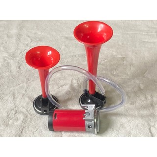 Bộ còi hơi ô tô điện 12v và 24v không cần bình hơi. Còi sinh hơi 2 loa vỏ đỏ (giá 1 bộ)