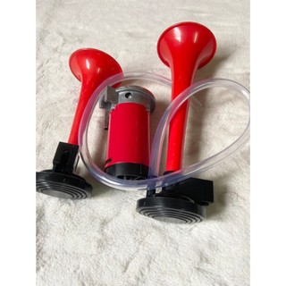 Bộ còi hơi ô tô điện 12v và 24v không cần bình hơi. Còi sinh hơi 2 loa vỏ đỏ (giá 1 bộ)