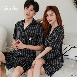 Pijama lụa đôi ngắn tay mùa hè, quần áo ngủ đôi màu đen (Kèm ảnh cận vải) - Since Then