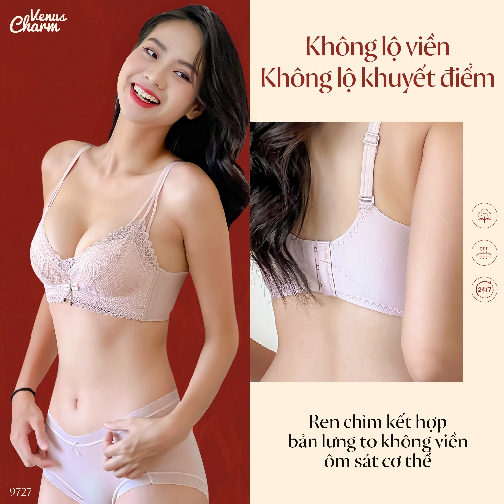 Ảnh Áo lót nữ không gọng nâng đẩy tự nhiên đệm dày 3cm họa tiết ren mịn Venus Charm 9727 3