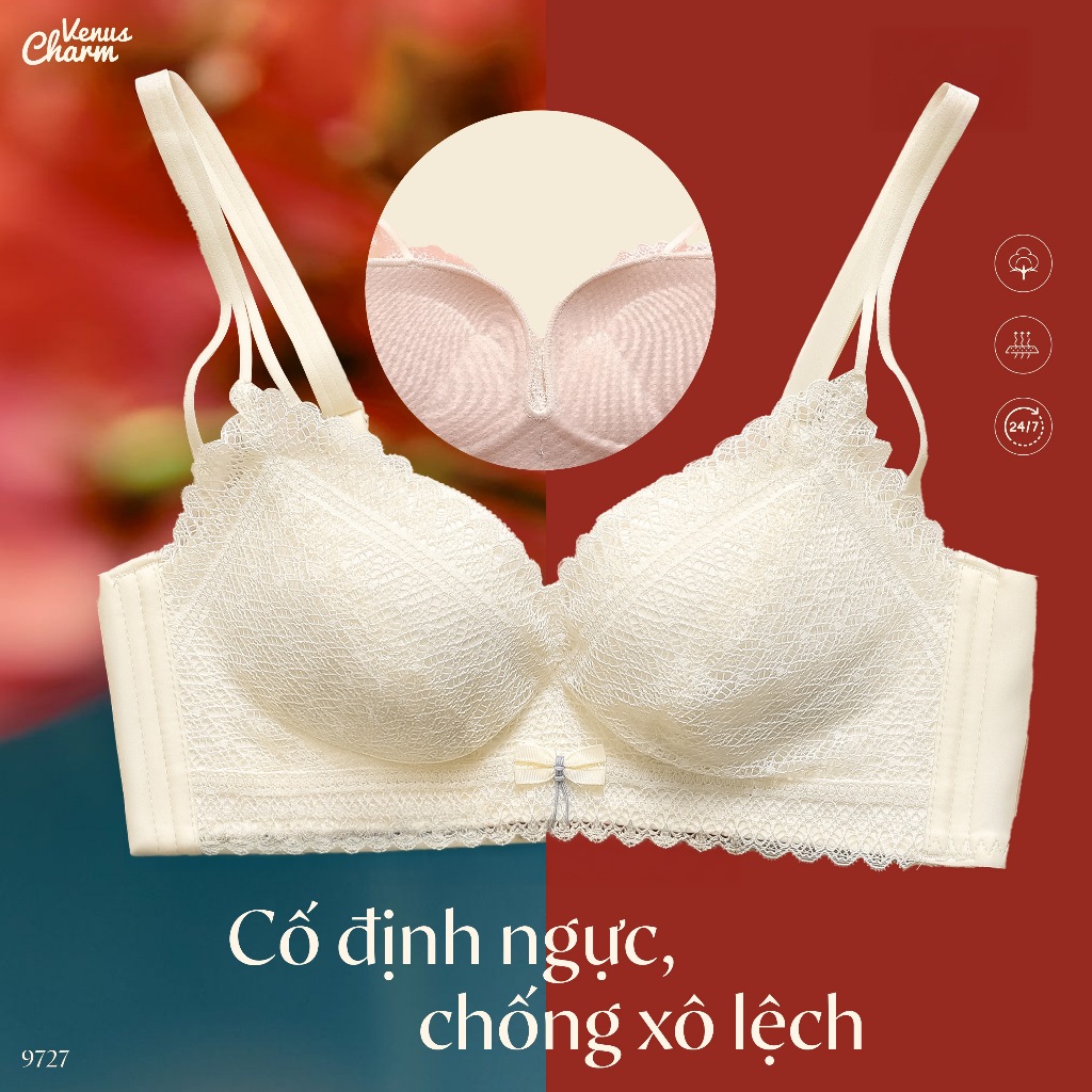 Ảnh Áo lót nữ không gọng nâng đẩy tự nhiên đệm dày 3cm họa tiết ren mịn Venus Charm 9727 4
