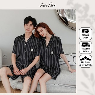Pijama lụa đôi ngắn tay mùa hè, quần áo ngủ đôi màu đen (Kèm ảnh cận vải) - Since Then