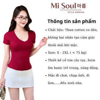 Áo Thun Cộc Tay Cổ Tim Nữ Chất Cotton Mềm Mại BigSize Misoul, Áo Thun Trơn Cổ V Basic 406