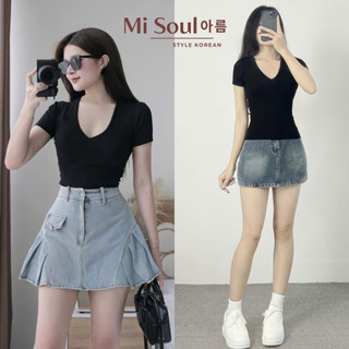 Áo Thun Cộc Tay Cổ Tim Nữ Chất Cotton Mềm Mại BigSize Misoul, Áo Thun Trơn Cổ V Basic 406