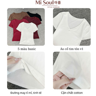 Áo Thun Cộc Tay Cổ Tim Nữ Chất Cotton Mềm Mại BigSize Misoul, Áo Thun Trơn Cổ V Basic 406
