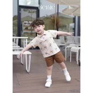 Bộ polo hè họa tiết cây dừa chất vải cotton co giãn mềm mại kèm quần kaki nâu cho bé đi học đi chơi size 9-23kg