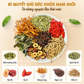 Trà bổ thận 8 vị thảo mộc mix sẵn gồm: Bạch tật lê, dâm dương, kỳ tử, táo đỏ, viễn trí, đông trùng,...