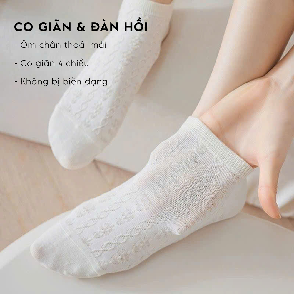 Tất vớ nữ cổ ngắn phong cách tiểu thu lolita dễ thương, họa tiết dệt nổi thoáng khí - Ekiu Shop