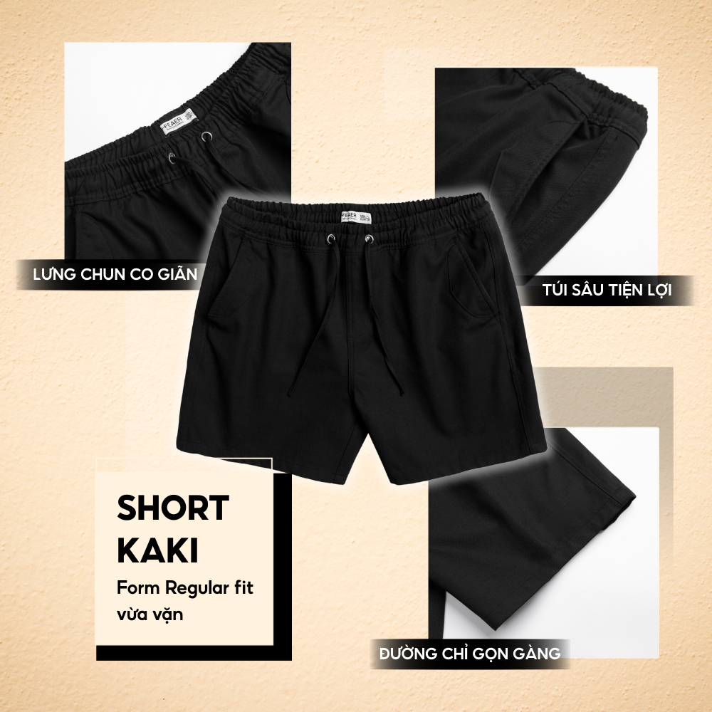 Quần Short Nam vải KAKI CANVAS lưng chun, dây rút dễ dàng điều chỉnh, cao cấp, nam tính, trẻ trung, năng động - FEAER